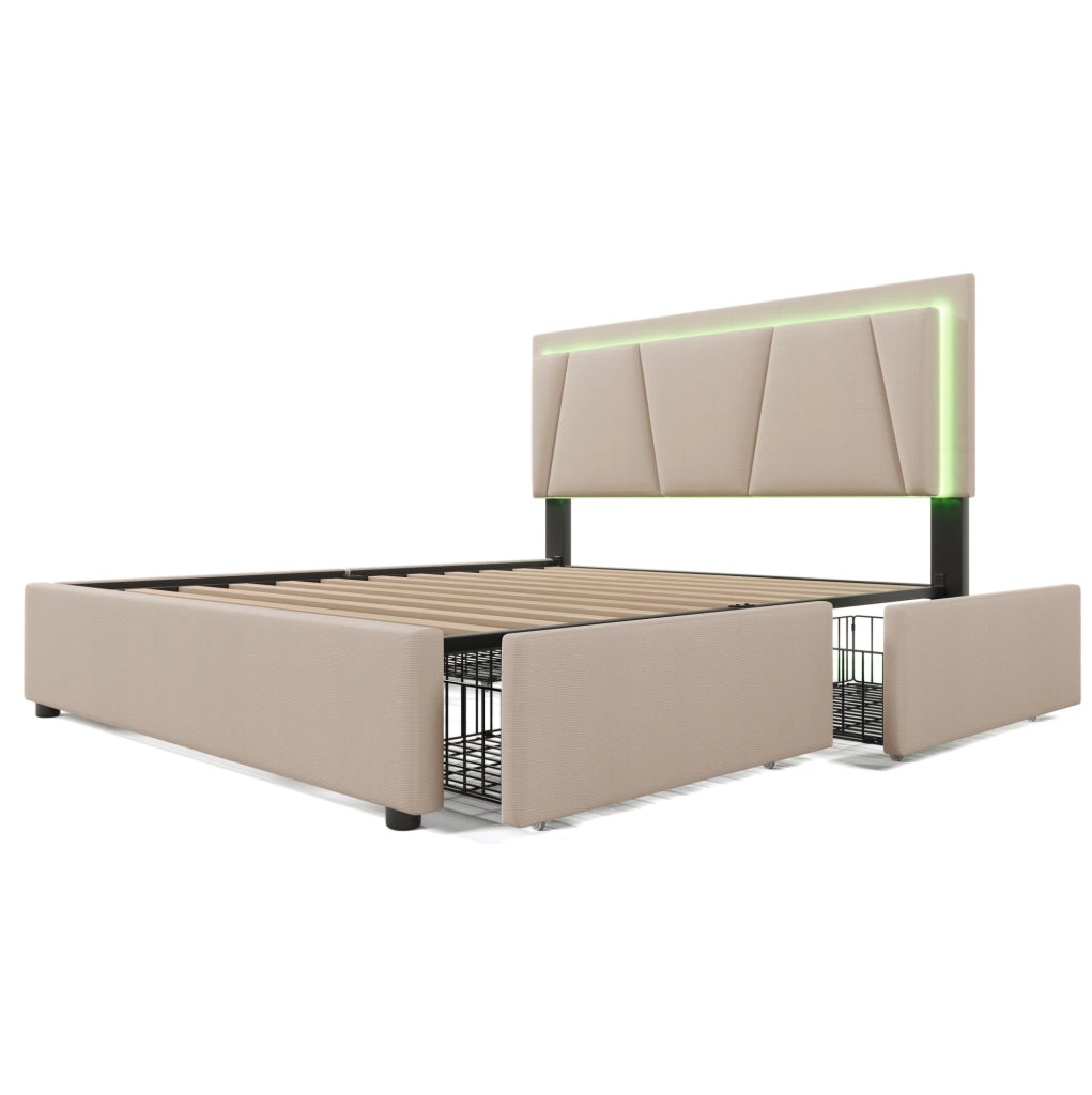 Letto contenitore 140x200 cm con LED; testiera regolabile e 4 cassetti; beige