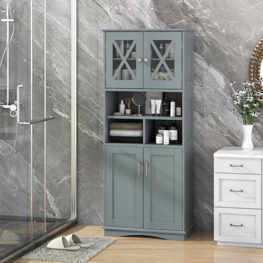 Mobile Bagno, Armadietto Salvaspazio con Porte in Acrilico, Ripiani Regolabili e Ampio Scomparto, Armadio da Terra in Legno per Soggiorno, Camera da Letto, Salotto e Cucina (Grigio)