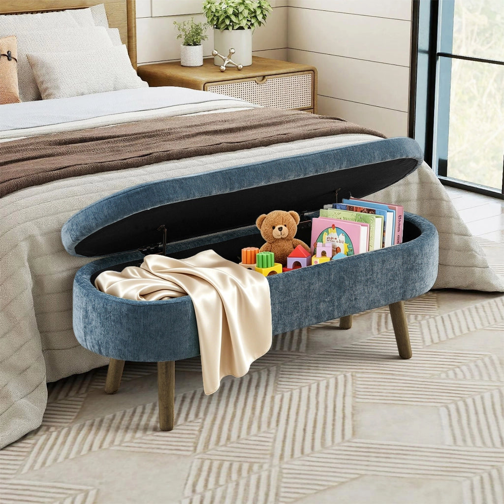 Panca Contenitore Multifunzione ¨C MINIMAL ¨C Chenille, Legno Massello, 110x40x42, Blu
