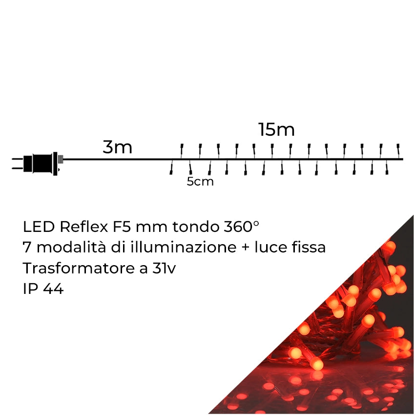 CATENA LUMINOSA LED TONDO 360° CON 300 LUCI ROSSE - ILLUMINAZIONE FESTIVA INTERNA/ESTERNA