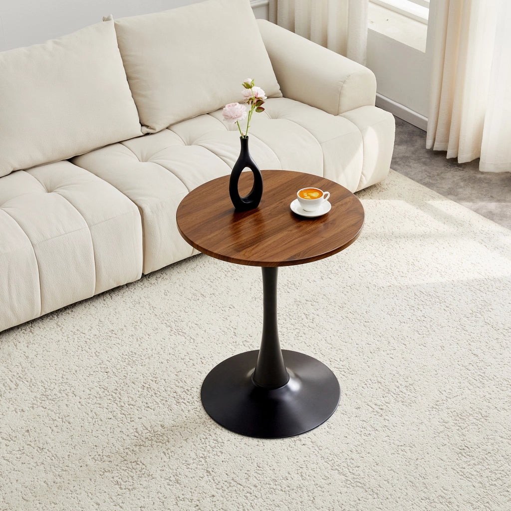 Tavolo da pranzo rotondo con base in metallo, piano effetto noce, stile mid century, per soggiorno, nero, 60 × 72 cm
