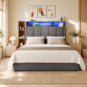 Letto imbottito 90x200 cm con USB e Type-C; contenitore idraulico; LED; grigio