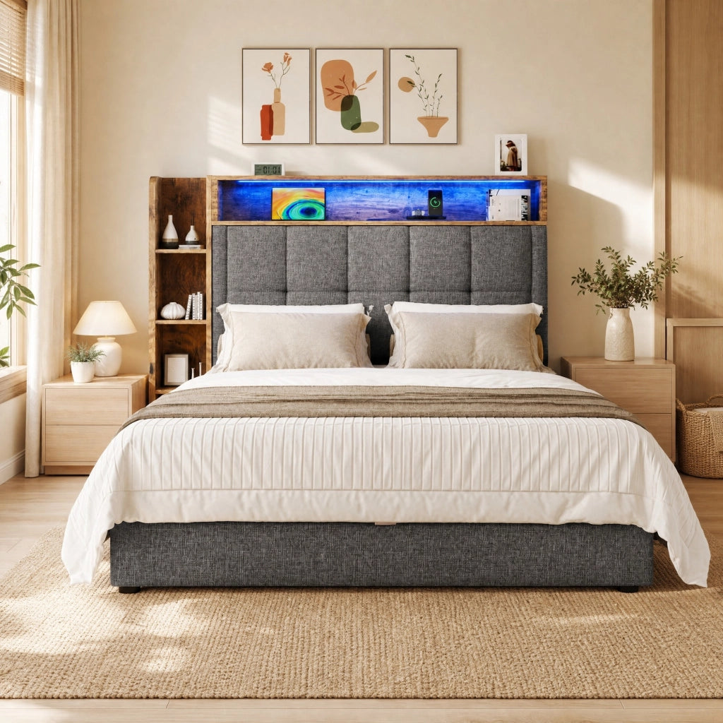 Letto imbottito 90x200 cm con USB e Type-C; contenitore idraulico; LED; grigio