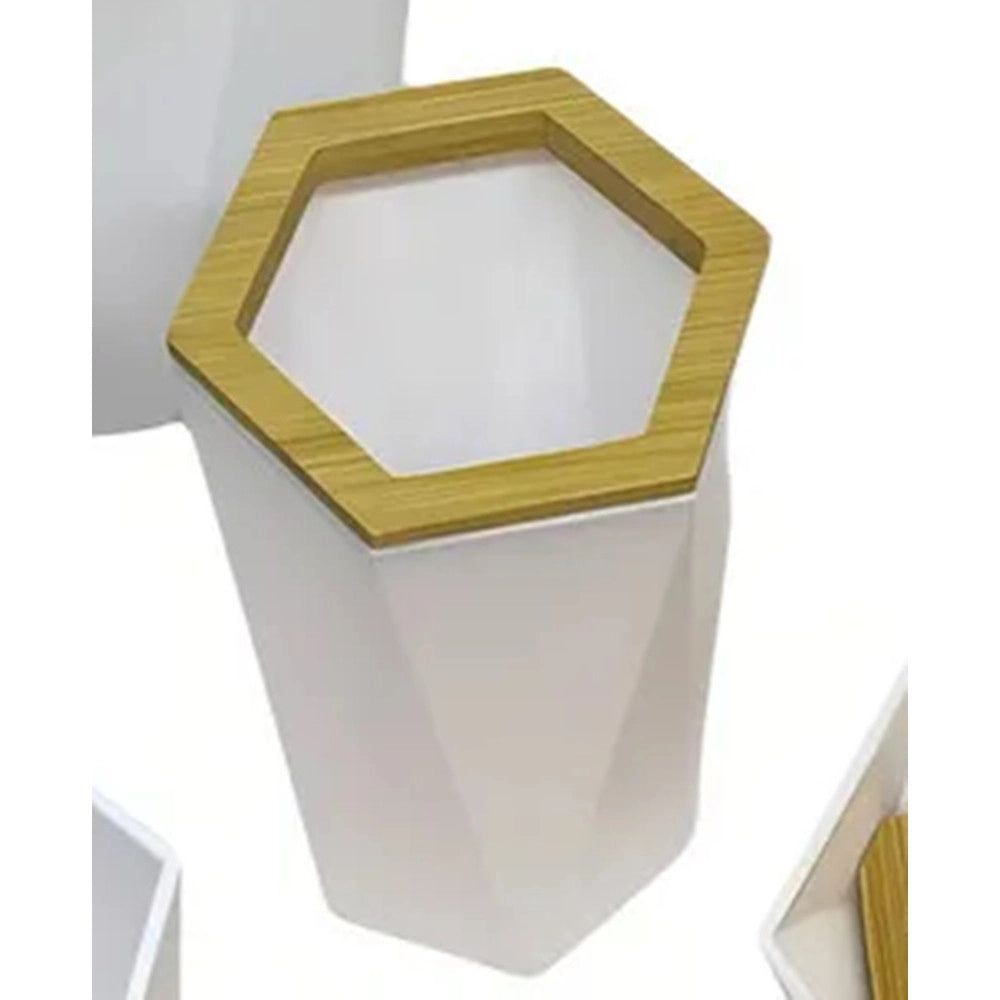 Trade Shop - Bicchiere Porta Spazzolini A Cilindro Esagonale Geometrico Bianco Legno Da Bagno 10837 -