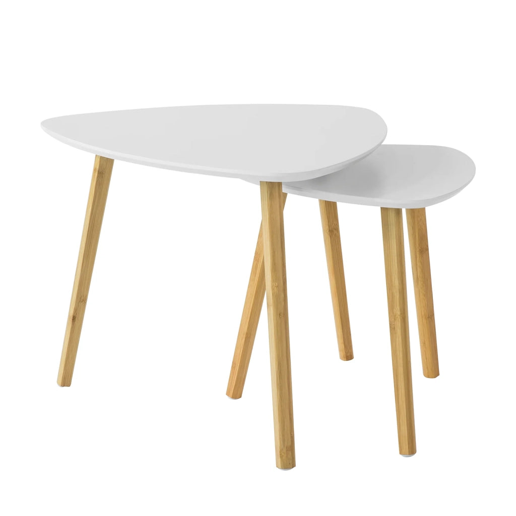 Set di 2 Tavolini Bassi da Salotto in Legno di bambù massello e MDF Tavolino Moderno Bianco FBT74-W