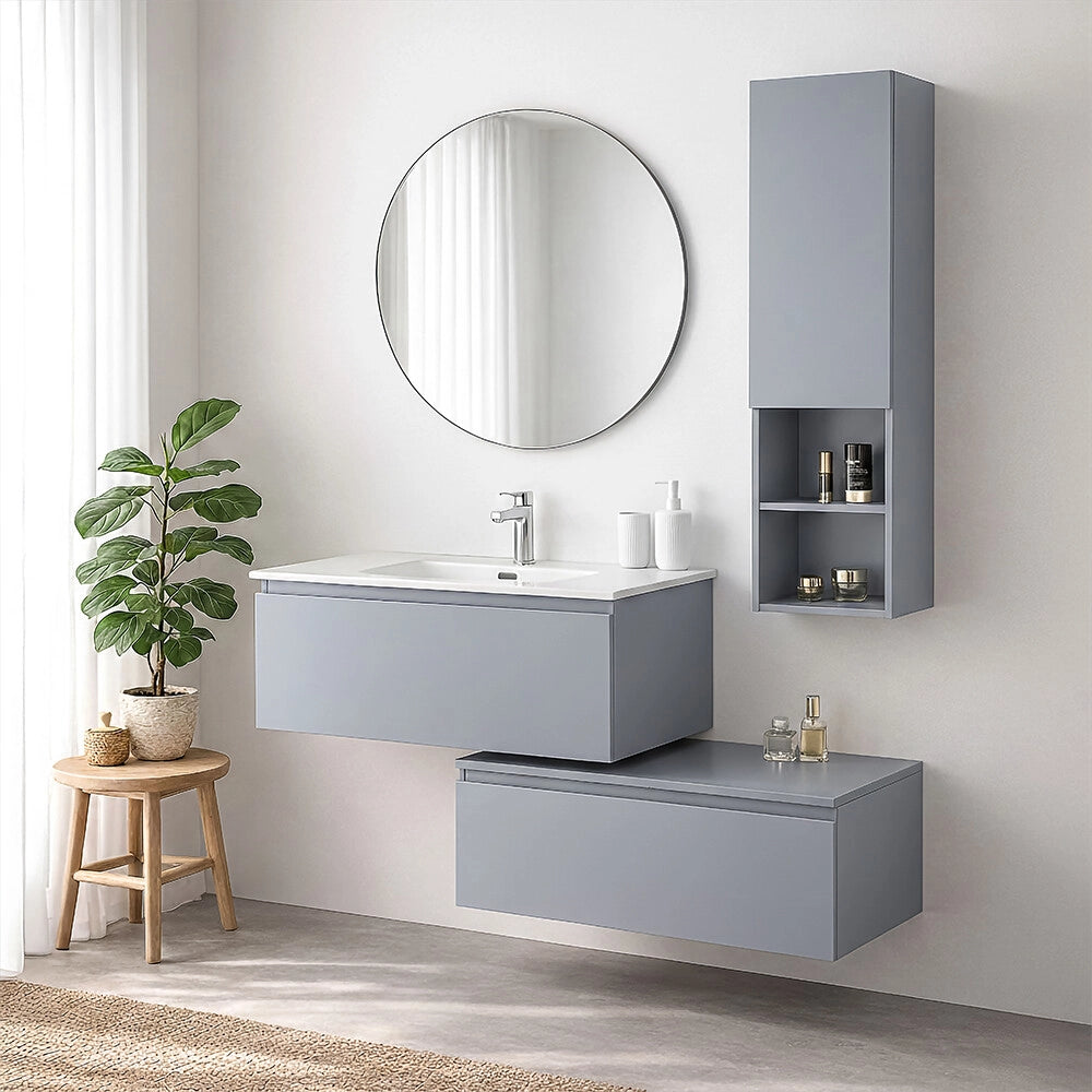 Mobile bagno sospeso 90 cm azzurro con lavabo integrato e cassetto Nuvola