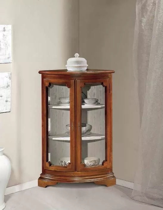 Vetrina ad angolo vetro curvo classica legno tinta noce 54x54x112 - Mobili 2G