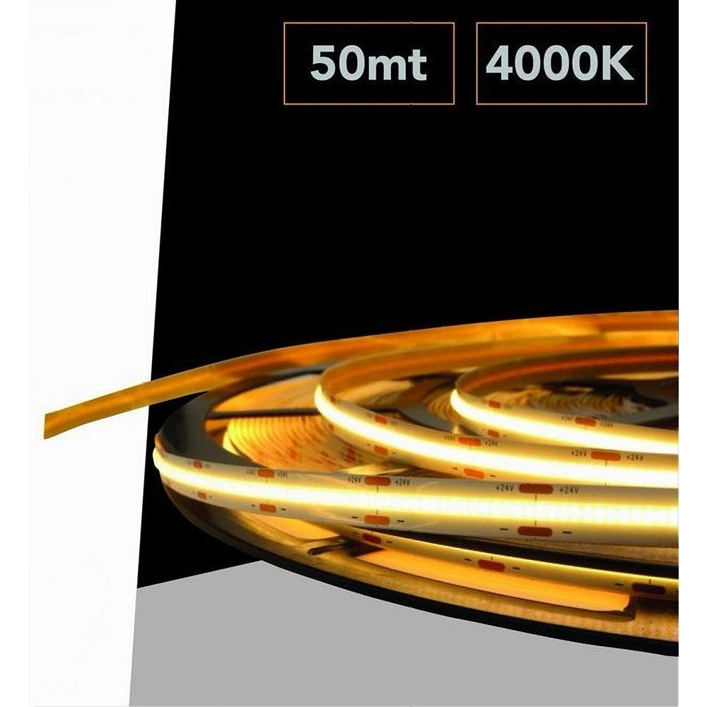 Trade Shop - Striscia Led Cob Strip Bobina 50mt 24volt Led Smd Luce 4000k 6500k 3000k Cob-50m - -bianco Naturale      -