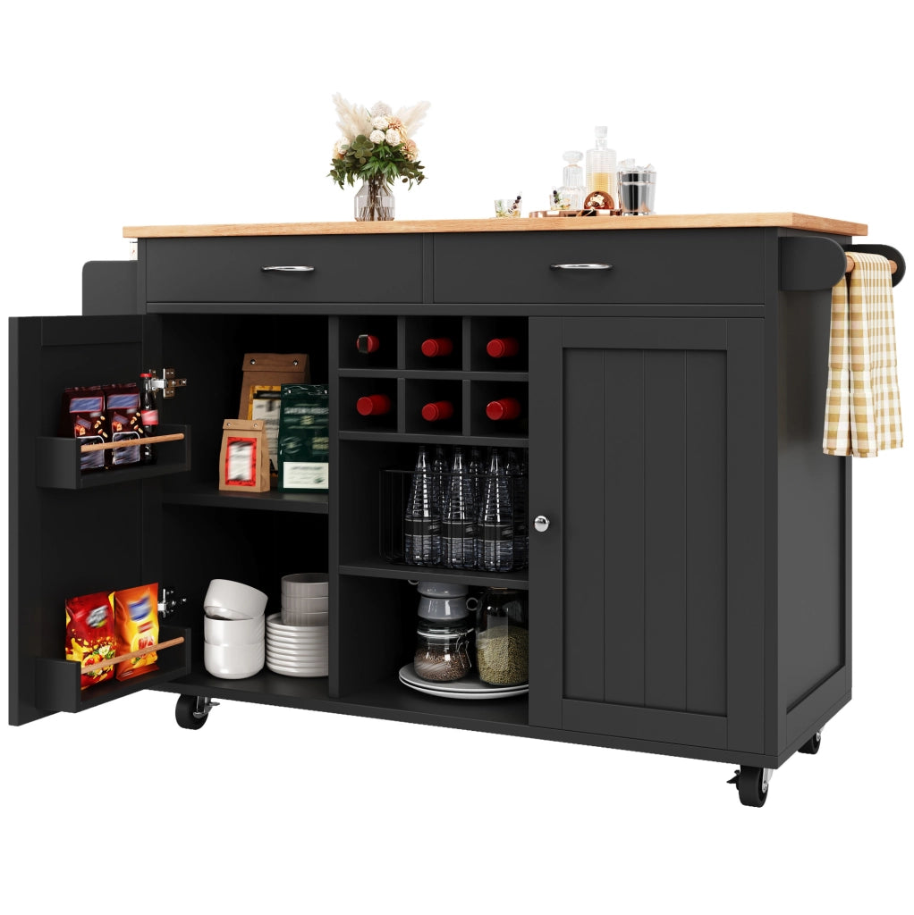 Isola da cucina mobile con portabottiglie, nera, 102×45×92 cm