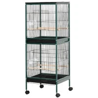 Grande Voliera per Uccelli su Piede Doppia con Mangiatoie Posatoi Vassoio Rimovibile Ruote, 51,5 L x 50 L x 140 H cm