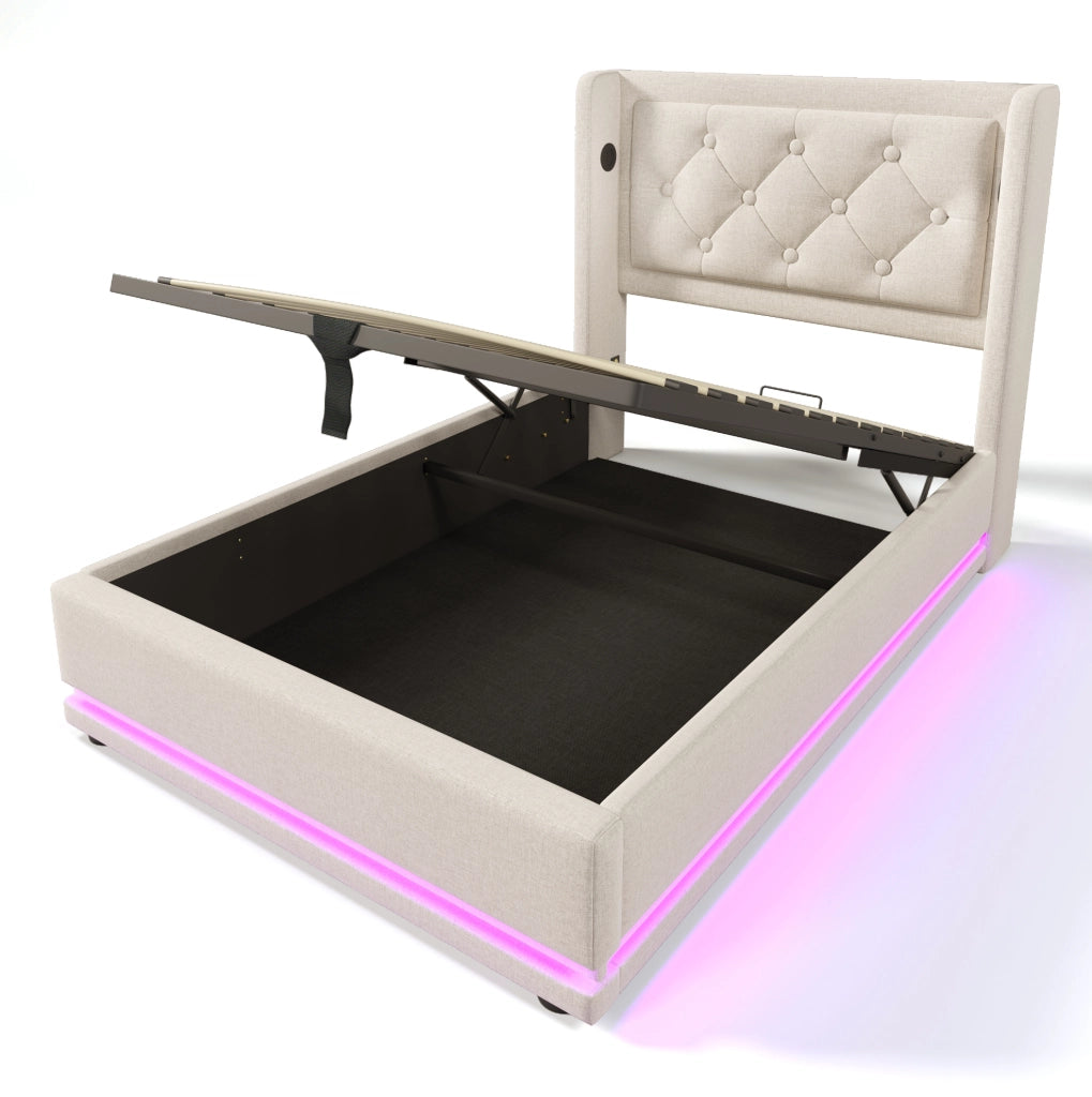 Letto singolo imbottito con contenitore, LED a 3 lati e ricarica USB/Tipo C