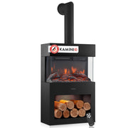 KAMINIO Camino elettrico HENRI con tubo del camino - Stufa elettrica riscaldamento, fiamma 3D, luce ambiente, scomparto de legno, telecomando - Nero