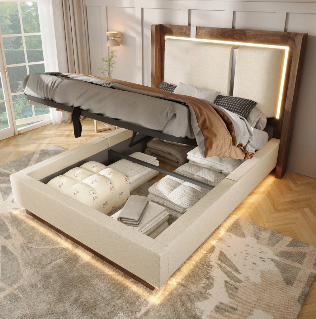 Letto imbottito ULEVR 90x200 cm con contenitore idraulico, LED e rete a doghe, beige e noce