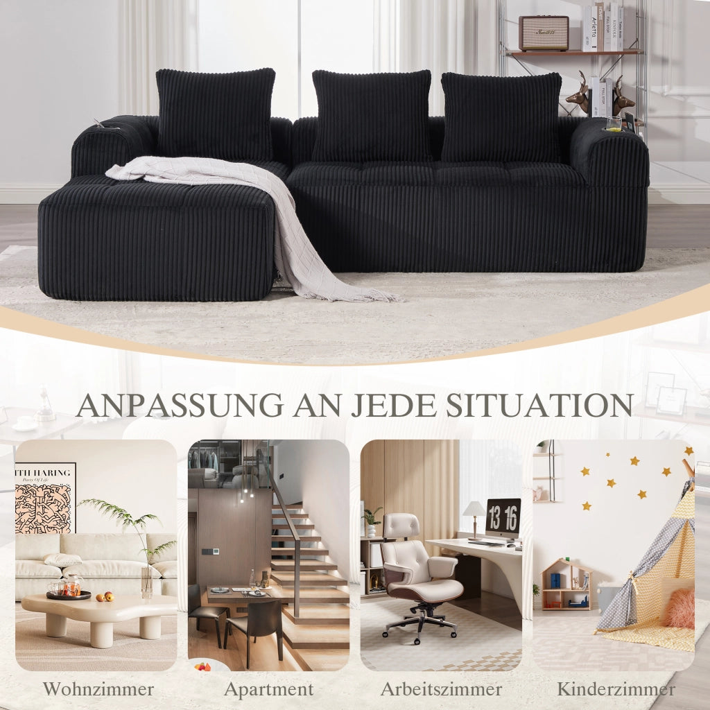 SOFA Modulare in tessuto corduroy 253x158x61 cm Nero con 3 cuscini