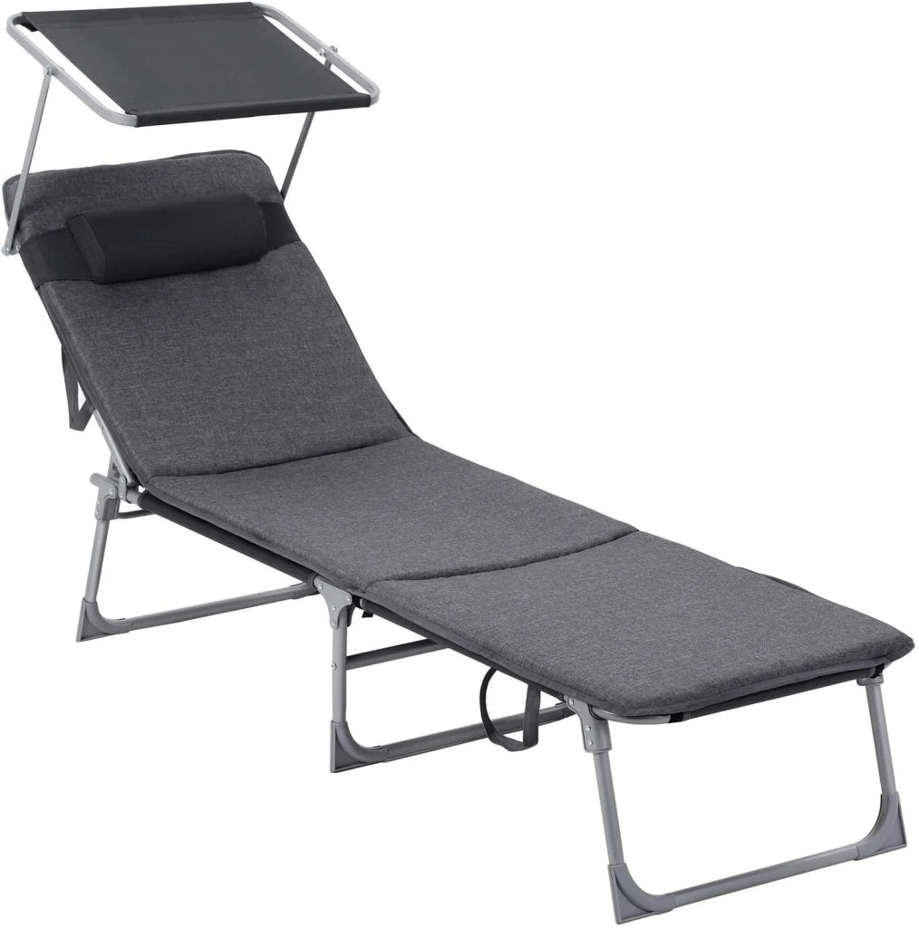 Lettino prendisole/sdraio con materasso da 3 cm cuscino per lo schienale e ombrellone inclinabile pieghevole 53 x 193 x 29,5 cm portata 150 kg per giardino grigio scuro 12_0001104