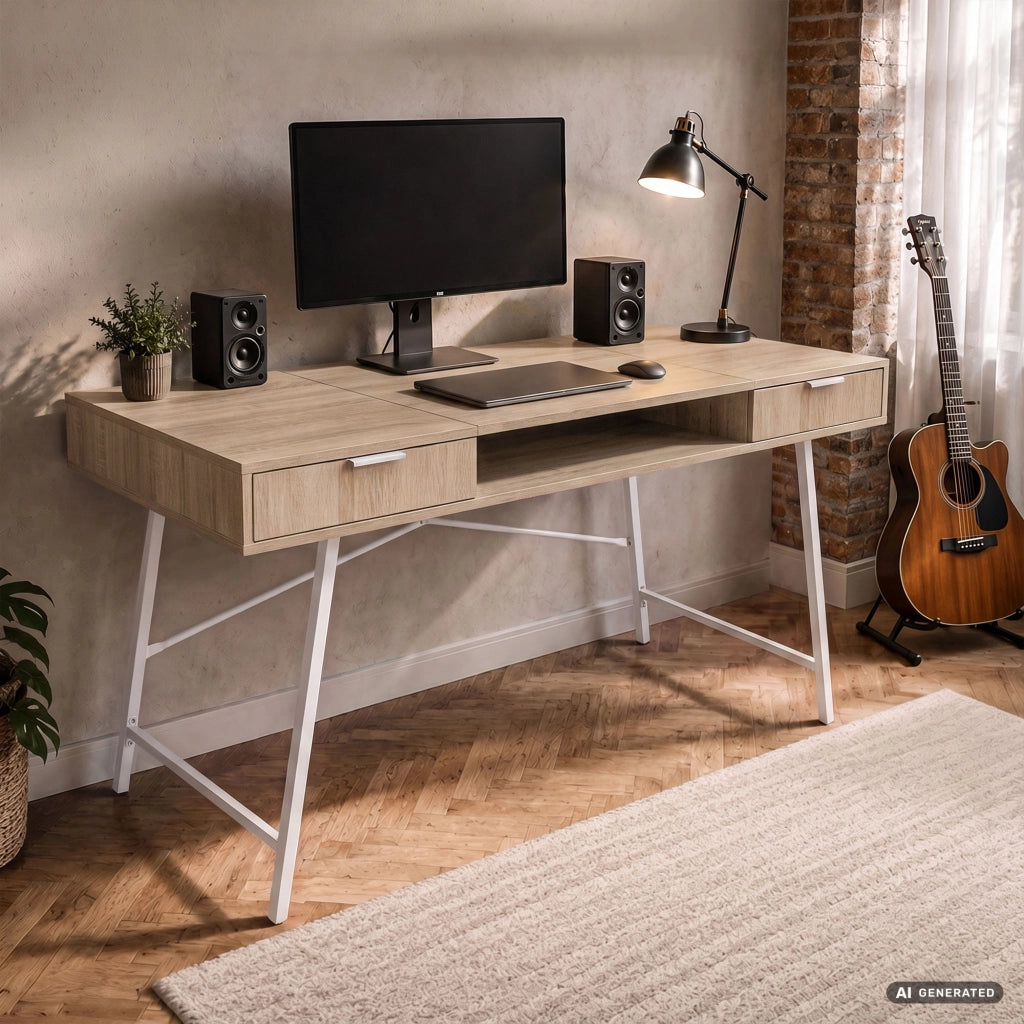 Scrivania industriale per computer Rovere Sonoma ARDEN 120 cm 2 cassetti 1 ripiano gambe bianche