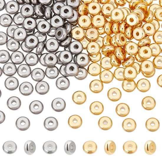 Spaziatori in Acciaio Inox 200 pezzi - Spaziatori in Acciaio Inox - Spaziatori Piani/Rondi - Spaziatori in Acciaio Inox dorato/Inox - 5 mm di diametro - Per la creazione di gioielli - Spaziatori di chiusura