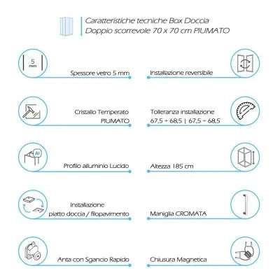 Box doccia 70x70 angolare doppio scorrevole con vetro temperato opaco e profili cromo Geo