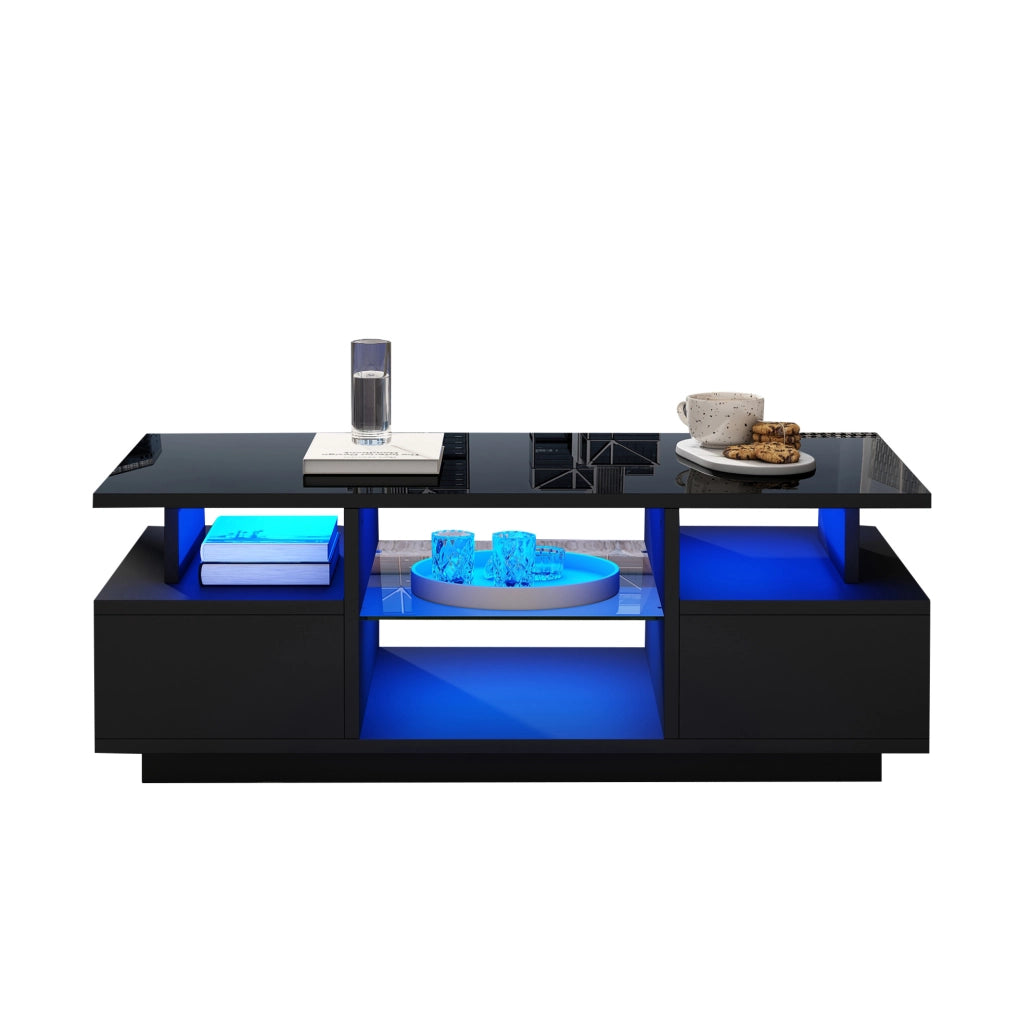 Tavolino da caffè 100x50x36 cm con 2 cassetti; LED; ripiani in vetro; nero lucido