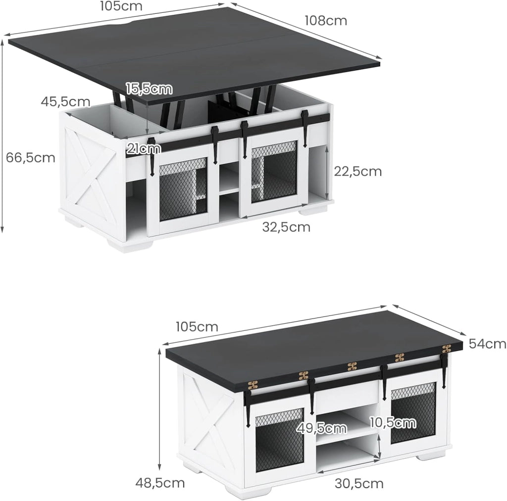 Tavolino da Salotto Sollevabile, Tavolino da Caffè con Scomparti Nascosti, Ripiani Aperti ed Ante Scorrevoli, Tavolo Basso Moderno per Soggiorno e Ufficio, 105 x 108 x 66,5 cm (Nero)