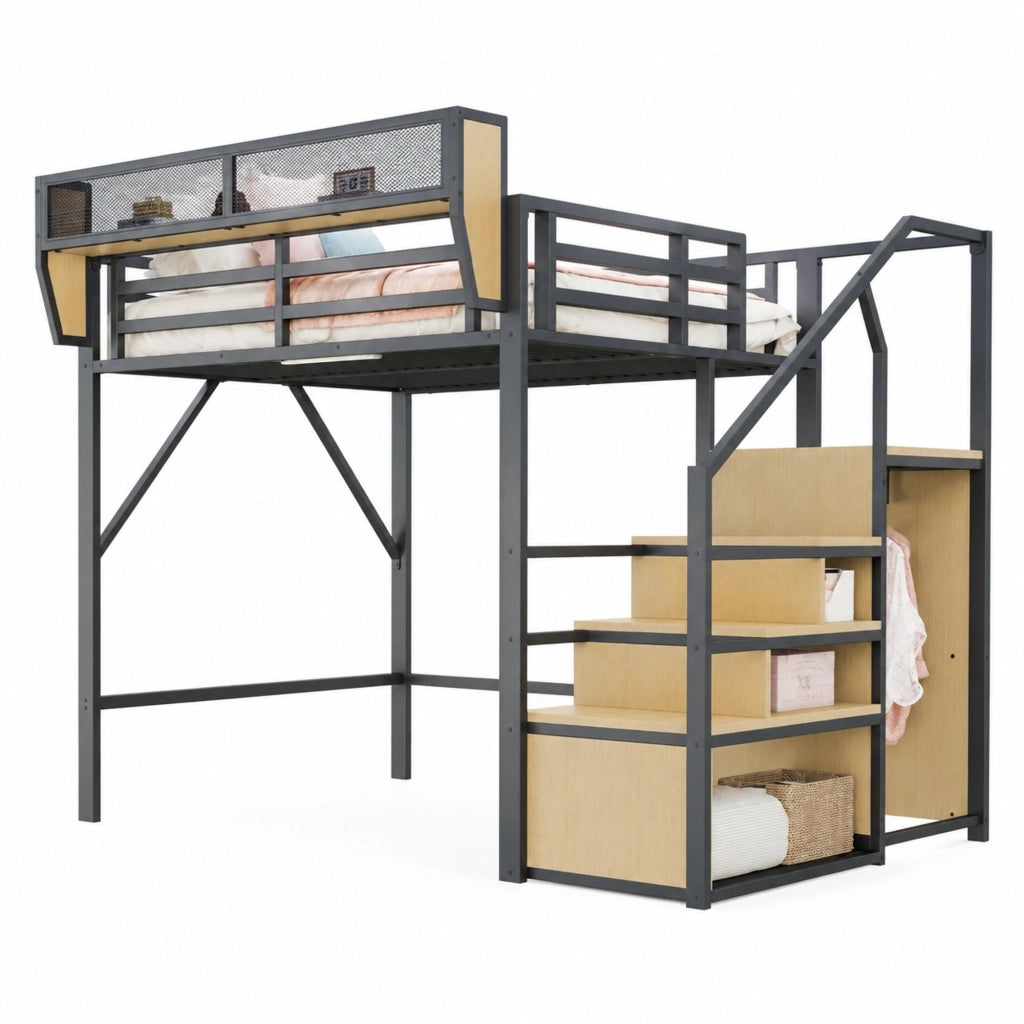 Letto a soppalco 140x200 cm in metallo e MDF con scala di sicurezza; nero
