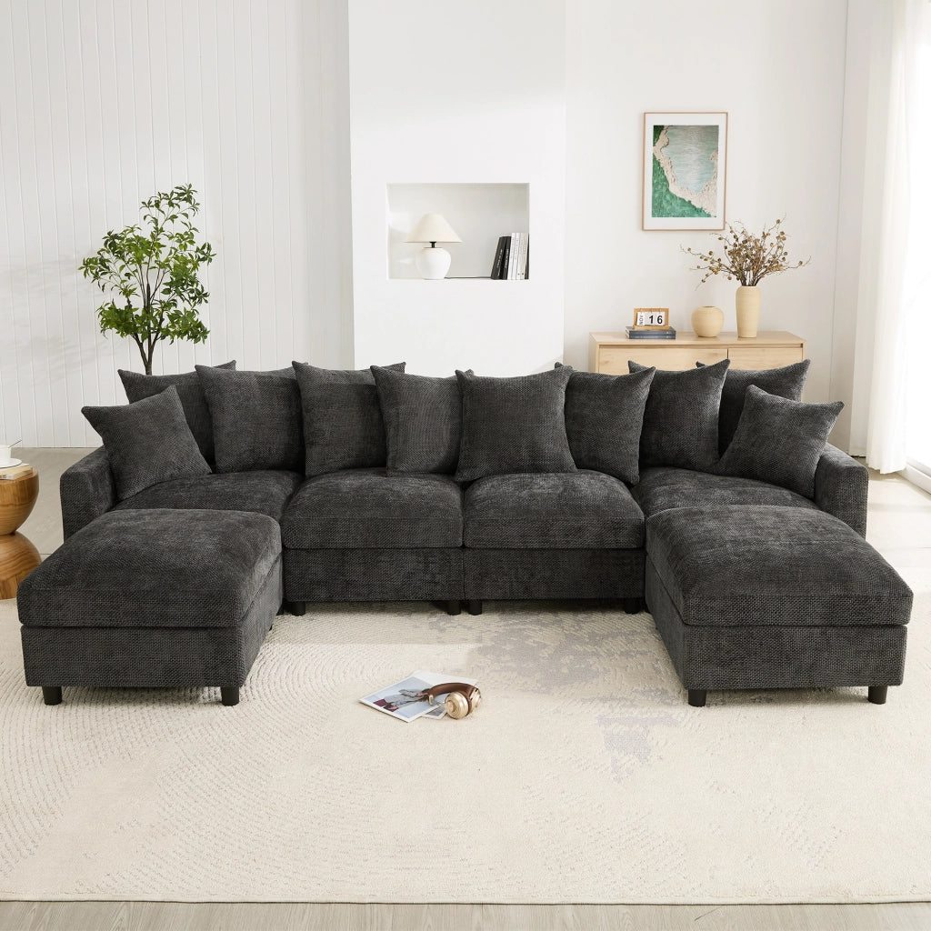 Divano angolare modulare 6 posti - con USB e Type-C; 2 pouf - in chenille grigio
