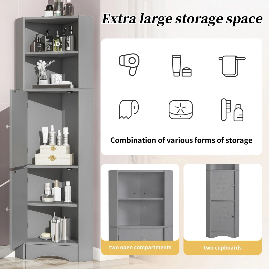 Armadietto da bagno angolare con ripiano regolabile e vani aperti, per bagno, in truciolare, grigio, 36.5 × 36.5 × 155 cm