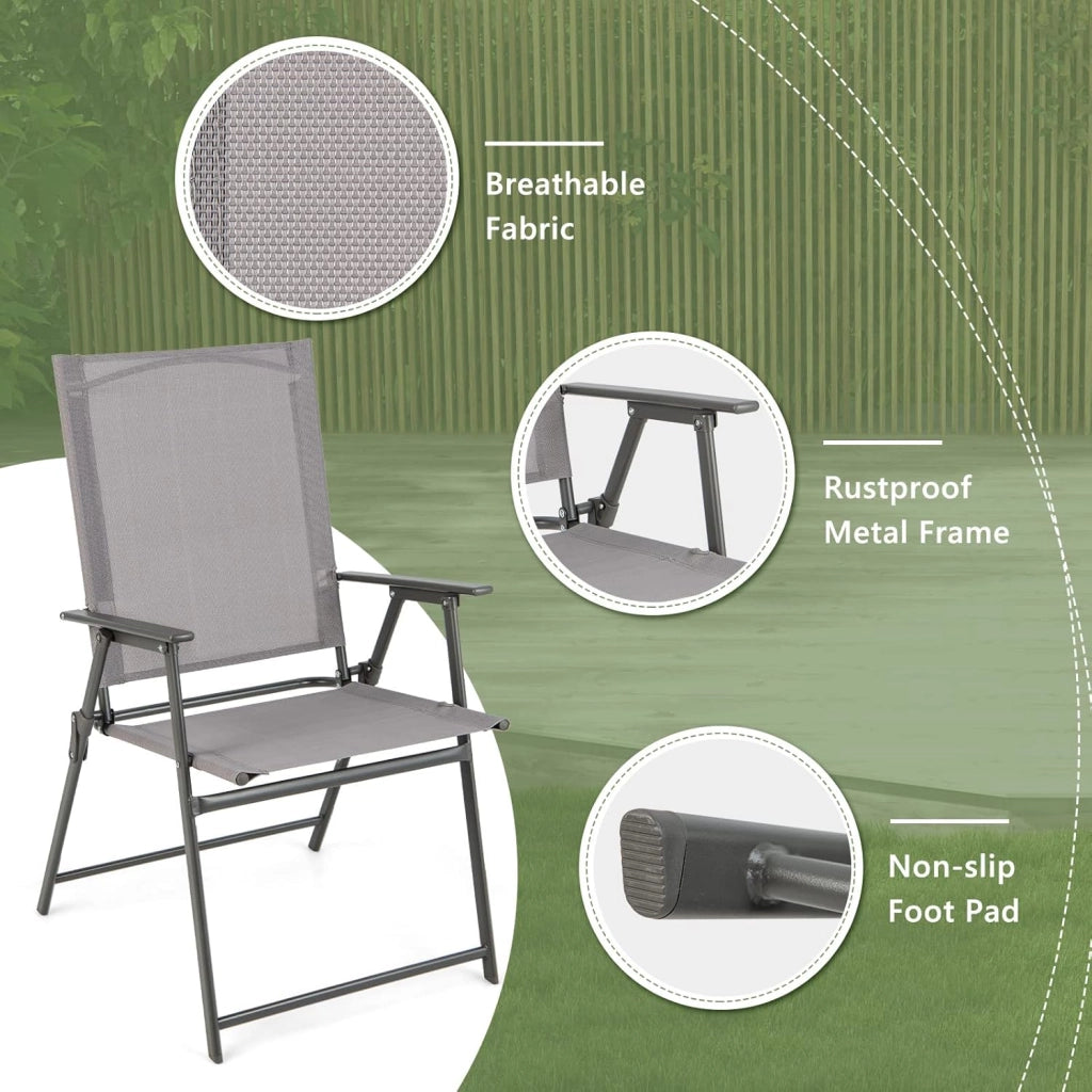Set di 4 sedie da giardino pieghevoli, con schienale alto e bracciolo, in metallo e tessuto, portata fino a 150 kg, colore: grigio