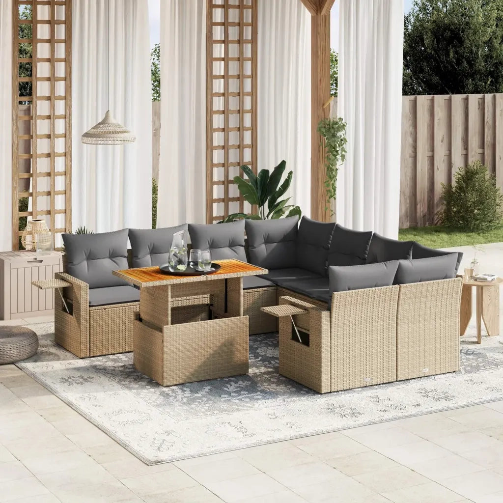 Set Divano da Giardino 9 pz con Cuscini Beige in Polyrattan