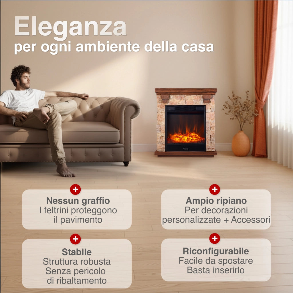 KAMINIO Camino elettrico JUAN - Camino elettrico da appoggio effetto pietra con riscaldamento, effetto fiamma 3D, telecomando - Beige
