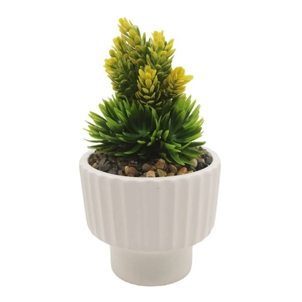 Trade Shop - Vasetto Ceramica Bianco Striato Con Piantina Artificiale Assortita 18cm Decoro Casa 164322 -