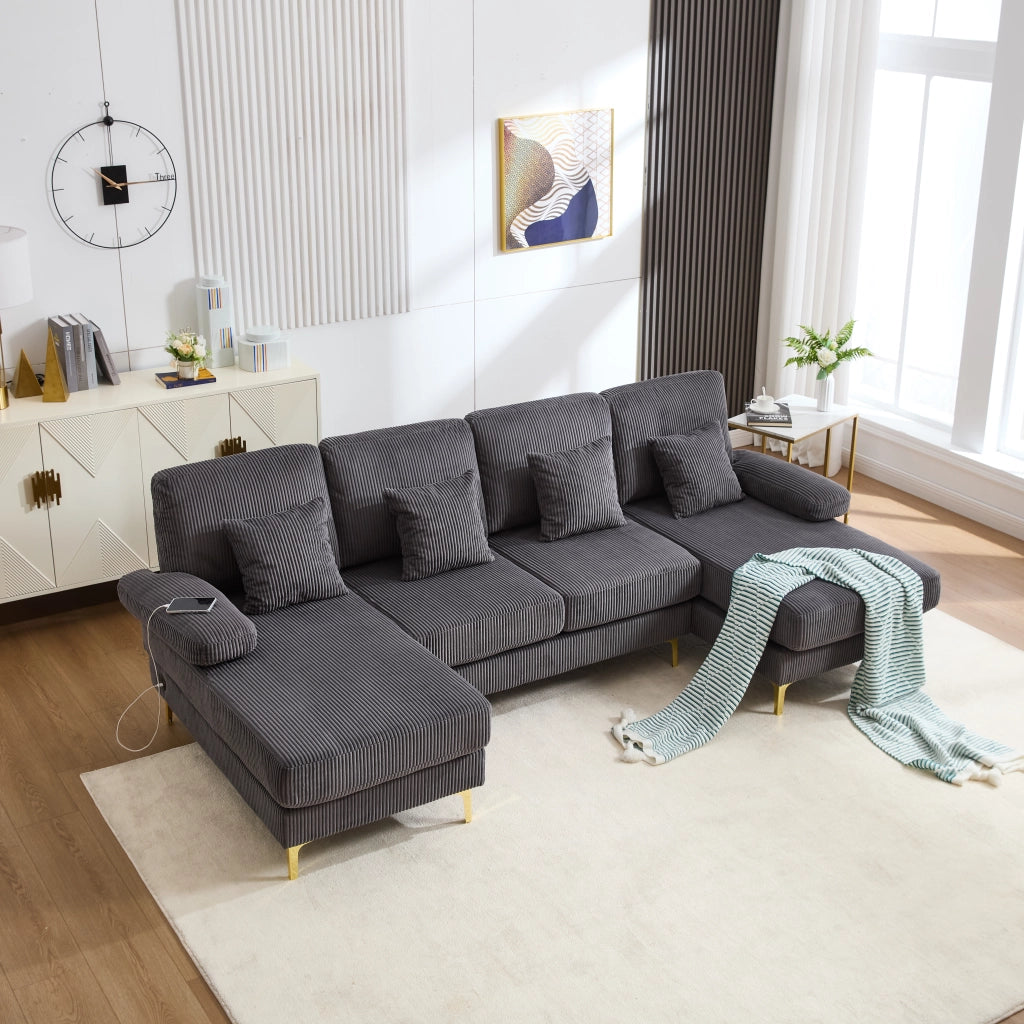 Divano Panoramico a U con LED e Porta USB; Cuscini Inclusi; Schienale Ergonomico; Struttura in Legno; in Velluto Grigio