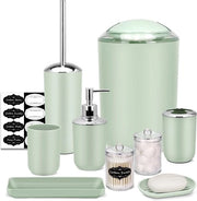 Set accessori da bagno 8 pezzi verde - contenitore rifiuti, dispenser sapone, cassetta sapone, supporto spazzola dentale, supporto spazzola bagno, contenitore Qtip