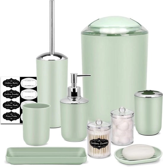 Set accessori da bagno 8 pezzi verde - contenitore rifiuti, dispenser sapone, cassetta sapone, supporto spazzola dentale, supporto spazzola bagno, contenitore Qtip