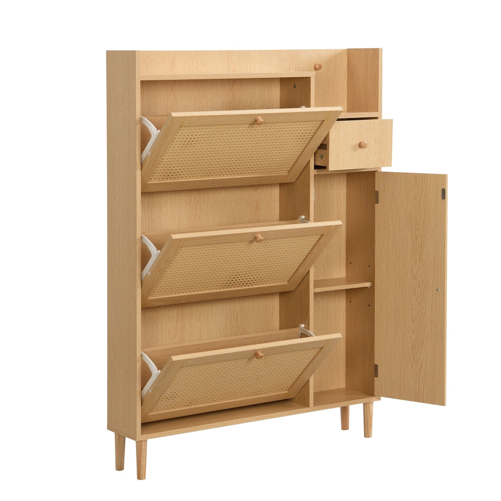 Scarpiera con 3 Ante a Ribalta e 1 Cassetto; con Gambe in Legno Massello; in MDF; 90×17×125 cm; Naturale