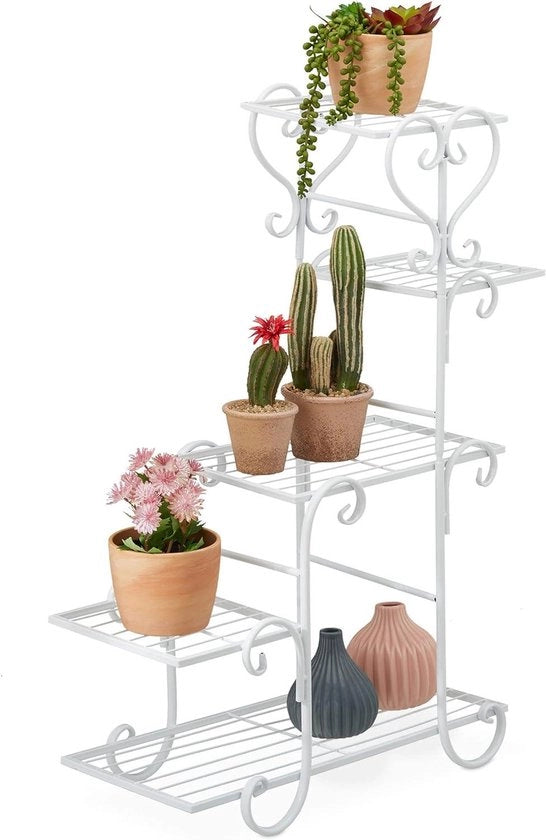 Vaso per piante metallico HxBxD 75 x 56 x 23 cm per interni con 5 livelli per decorazione piante fiori bianchi.