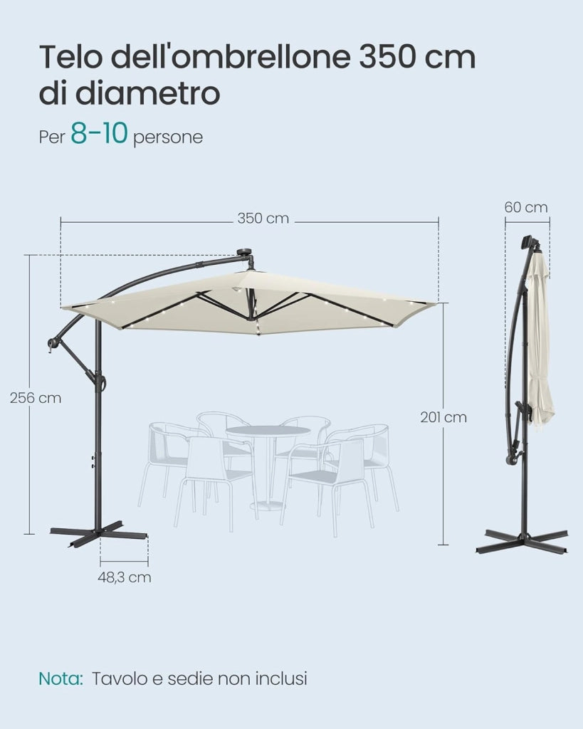 SONGMICS Ombrellone da Balcone con Illuminazione LED Solare, 32 Luci LED, con Base, Parasole UPF 50+, con Manovella, per Terrazza, Giardino