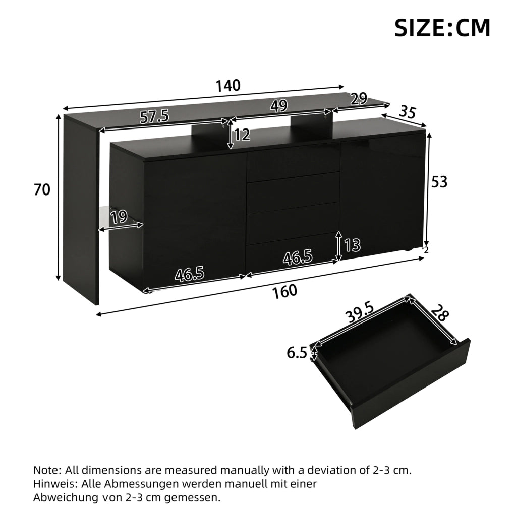 Sideboard 160x35x70 cm con LED e USB; 2 porte; 4 cassetti; nero