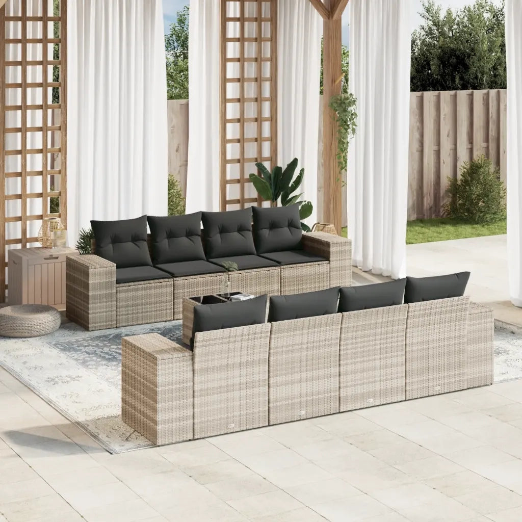 Set Divano da Giardino 9pz con Cuscini Grigio Chiaro Polyrattan