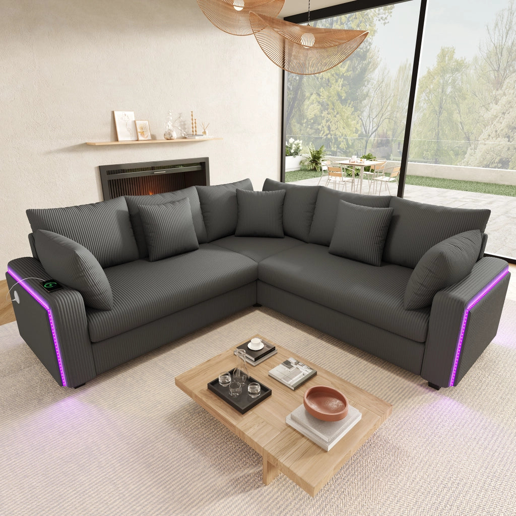 Divano angolare L 198x198 cm in corduroy grigio con LED; USB e USB-C