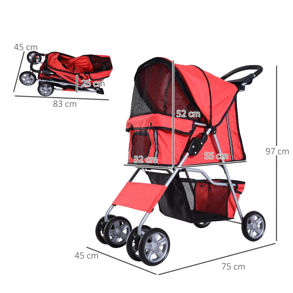 EasyComfort Passeggino per Cani Pieghevole in Tessuto con Cestino e Portabicchieri, 75x45x97cm - Rosso