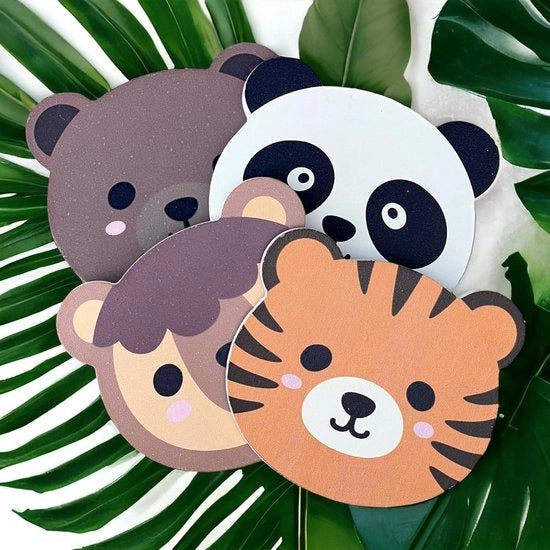 Set di supporti in legno da 4 pezzi con faccine divertenti di animali - tigre orso lama panda - 11 x 95 cm - pattini in gomma antiscivolo - decorazione per bevande.