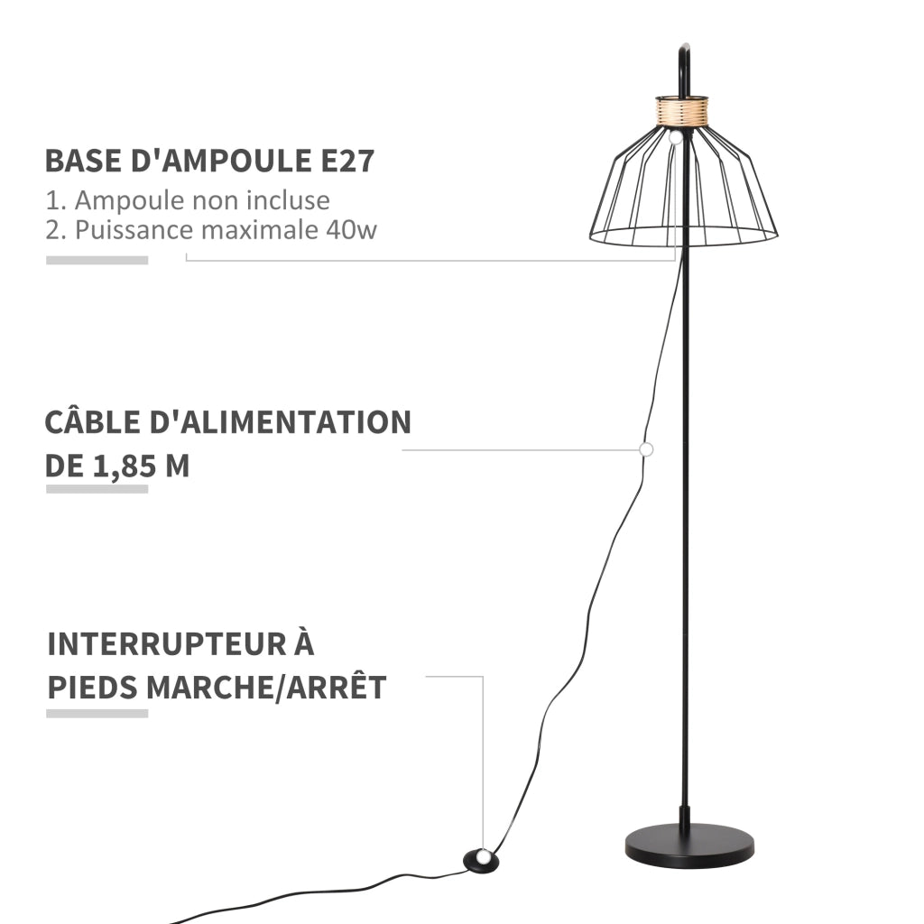 Lampada da terra design in metallo e rotino ¨C zephmum ¨C nero 44x34x154 cm