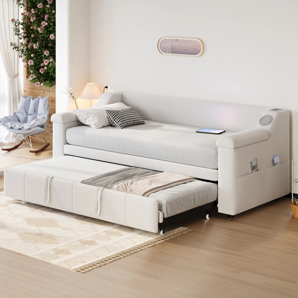 OKWISH Letto a Scomparsa 90×190 cm, Letto Singolo con Bluetooth, USB, Vani Portaoggetti e Braccioli, senza Materasso, Beige