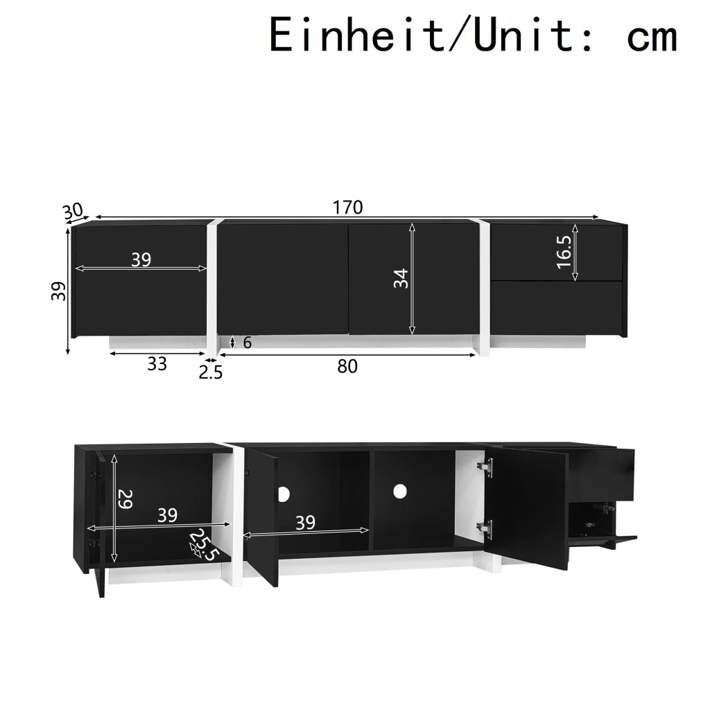 Mobile TV con 3 Ante; 1 Cassetto e 1 Anta a Ribalta con LED; Frontali Lucidi; in Truciolare; 170??30??39 cm; Nero Bianco