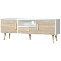 Mobile TV Basso per TV max 46" con Ripiano Aperto, Cassetto e 2 Armadietti, in Truciolato e Pino, 140x40x55.3 cm