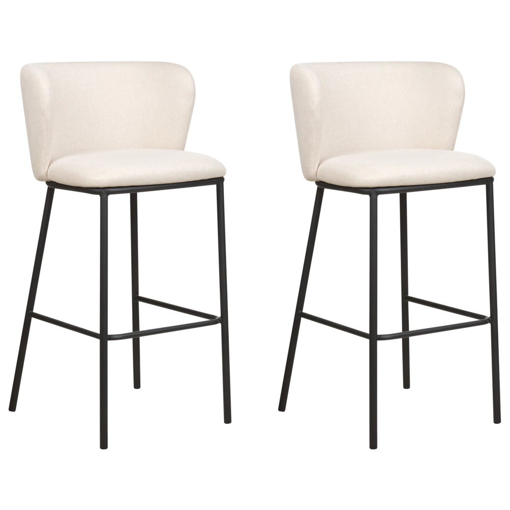 Set di 2 sedie da bar Rivestimento in tessuto bianco sporco Gambe in metallo nero Sgabelli senza braccioli Schienale curvo Sala da pranzo moderna Cucina