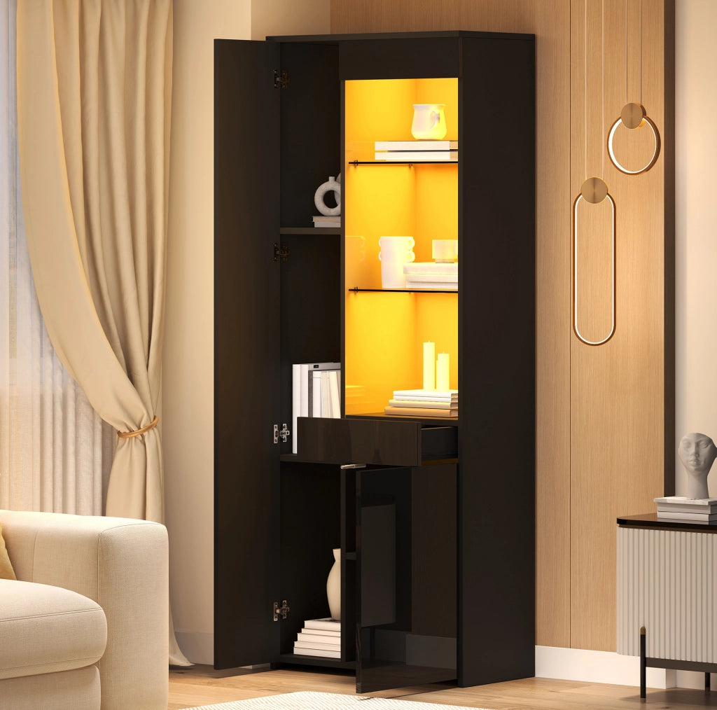 Vetrina alta nera 70x35x180 cm con LED, 2 ante, cassetto e ripiani in vetro