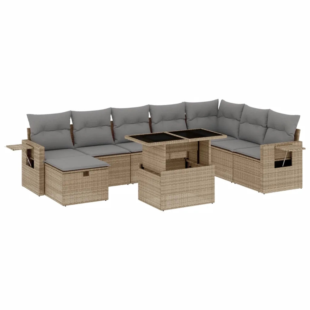 Set Divano da Giardino 9 pz con Cuscini Beige in Polyrattan