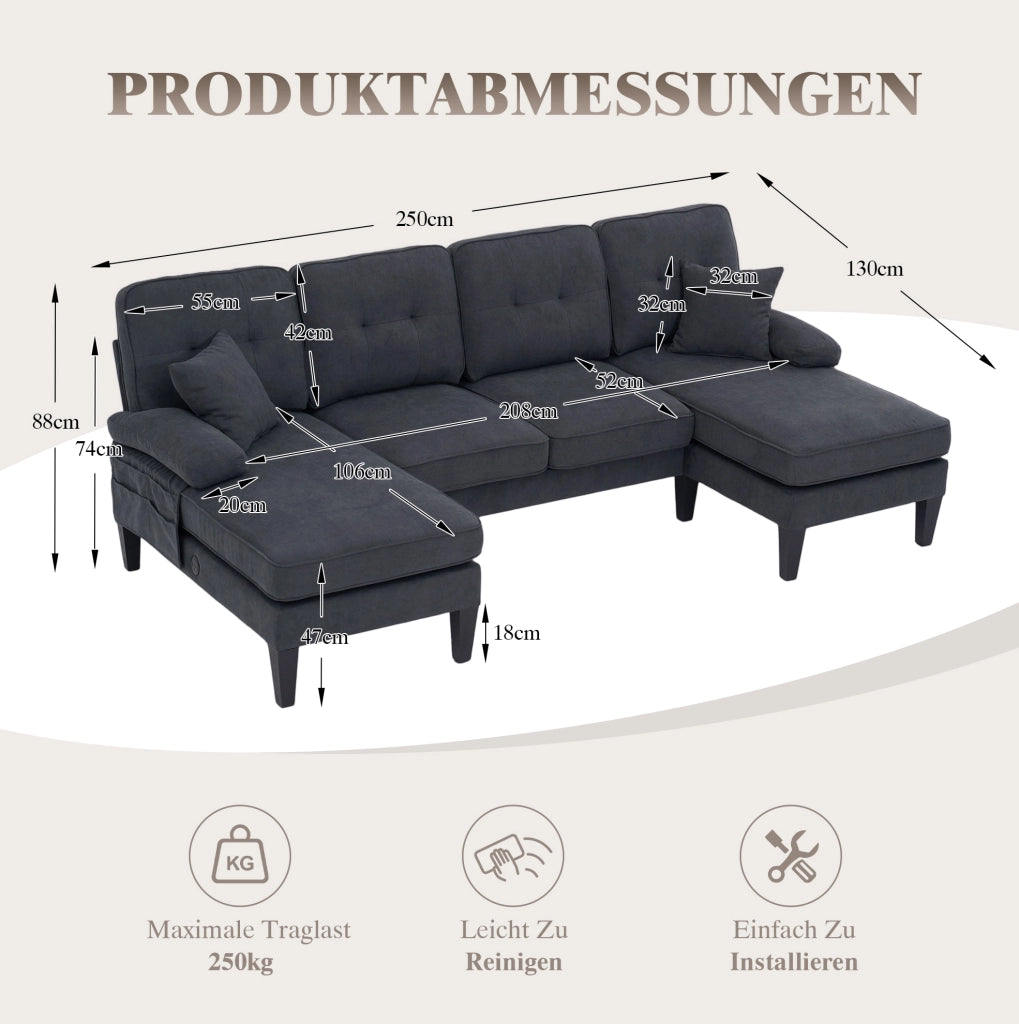 Divano angolare a U 4 posti in tessuto effetto lino; 250x130x88 cm; grigio scuro